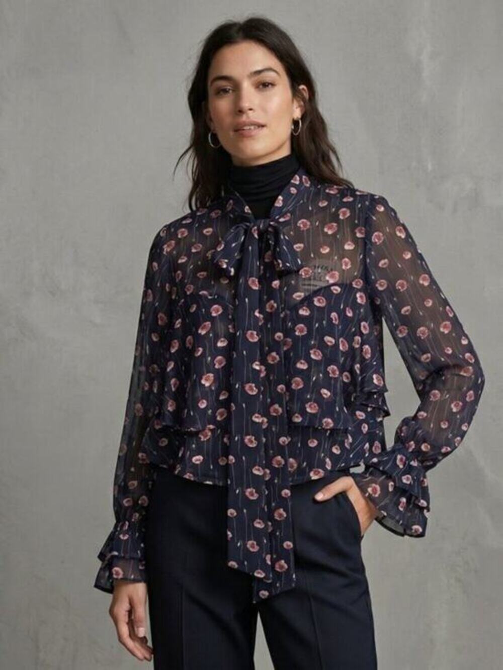 Misa Los Angeles Navy Sheer Floral Tie-Neck Blouse size large